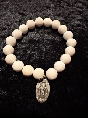 Beaded Charm Stretch Bracelet with Religious Medal - White